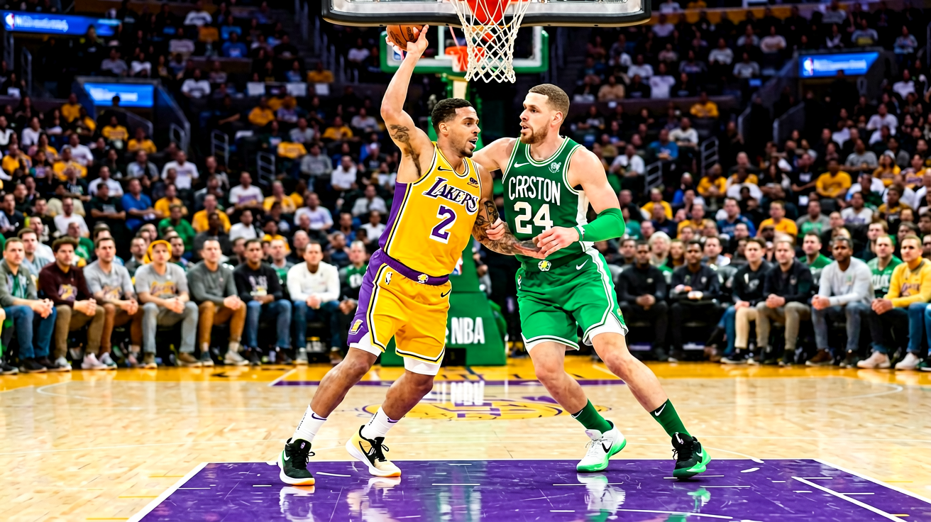 NBA比赛现场，球员在篮球场上激烈拼抢