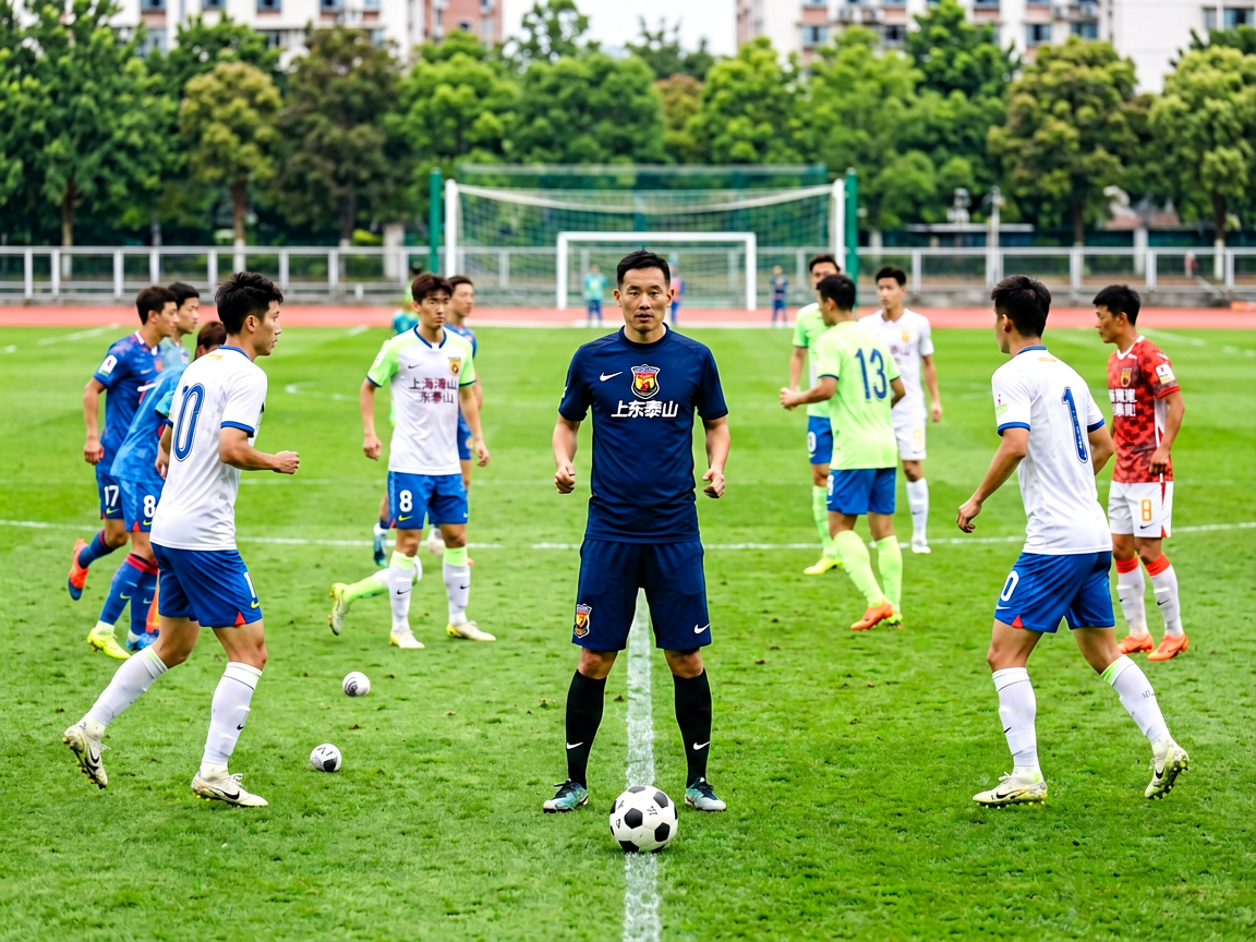 足球训练场景，球员在教练指导下进行战术演练
